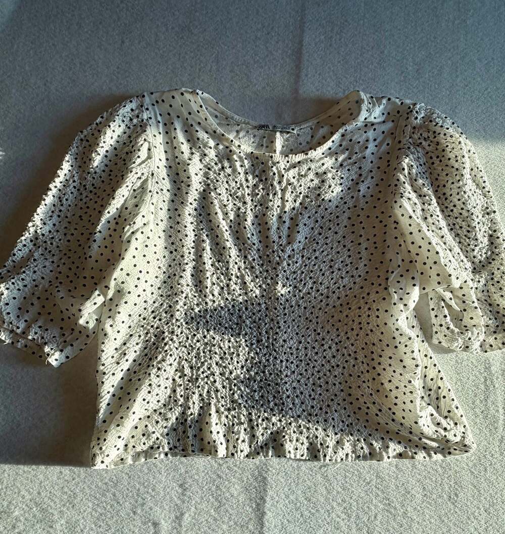 Zara Polka Dot Smocked Puff Sleeve Crinkle Crop Top
